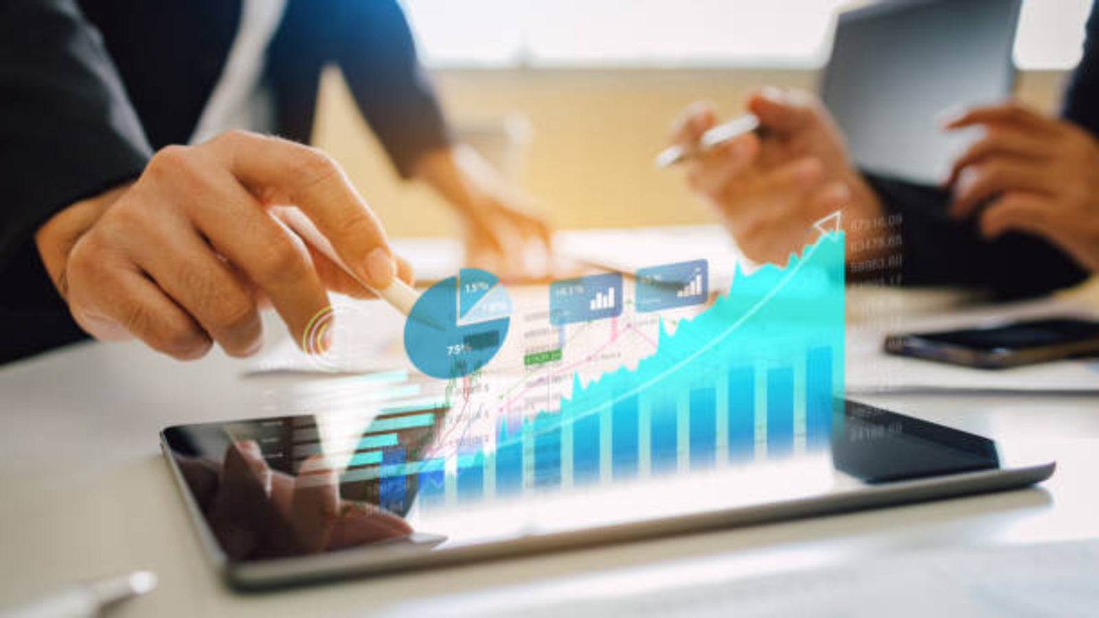Business analysis big data screen and economic growth with financial graph. Concept of virtual dashboard technology digital marketing and global economy network connection. 3D illustration.