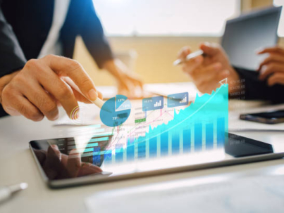 Business analysis big data screen and economic growth with financial graph. Concept of virtual dashboard technology digital marketing and global economy network connection. 3D illustration.